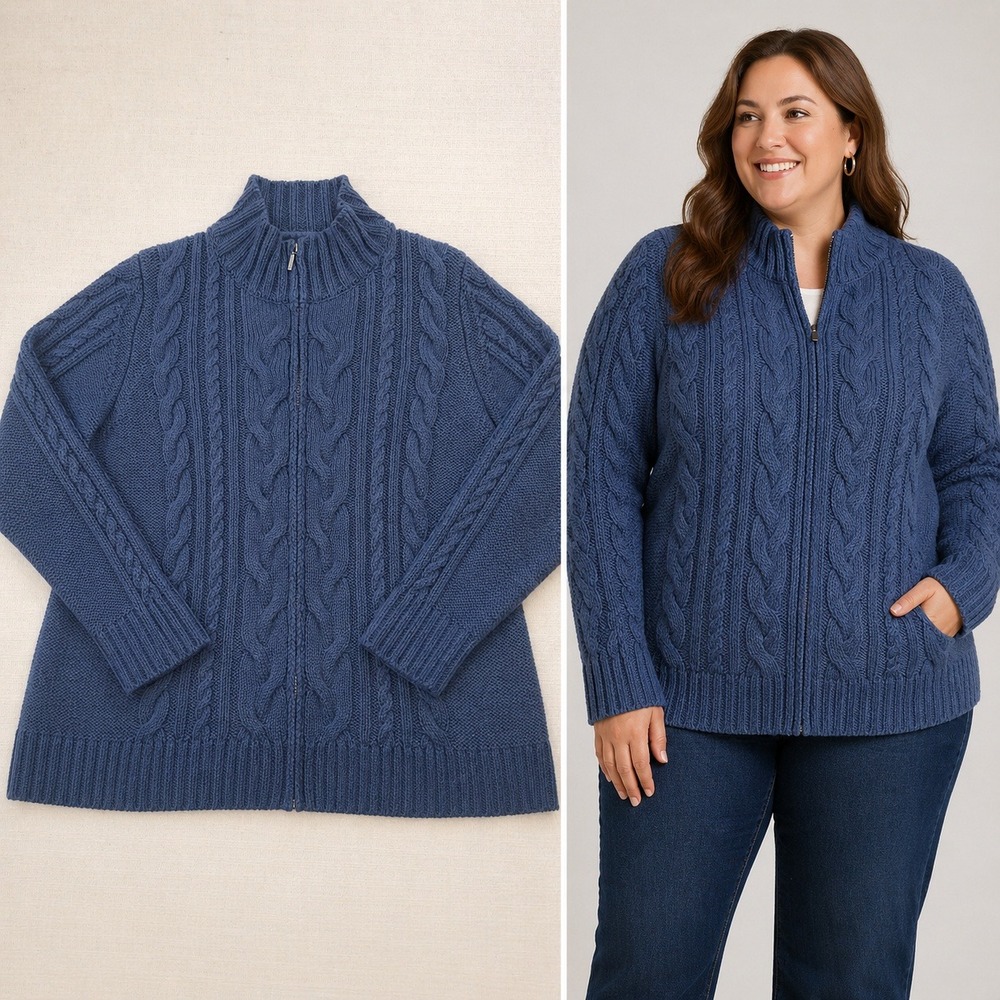 LL Bean Women 3X Plus Blue Cotton Cable Knit Full Zip Cardigan Sweater 511659